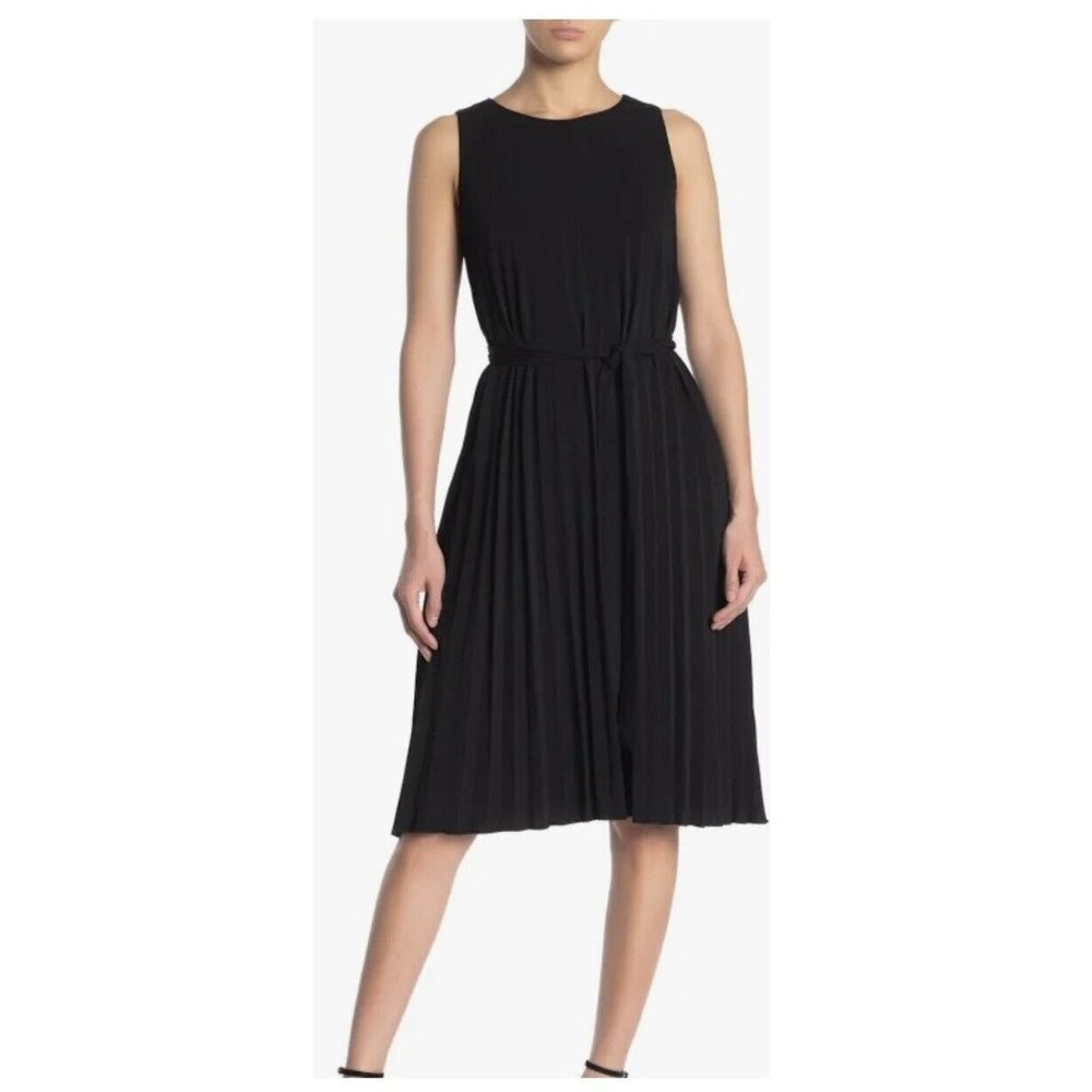 T TAHARI Womans Pleated Trapeze Midi Shift Dress Black Sleeveless Size XL
